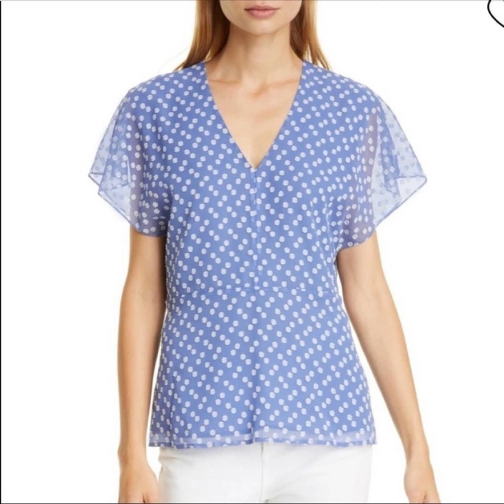 Lewit Periwinkle Blue V-Neck Sheer Polka Dot Flutter Sleeve Blouse Small